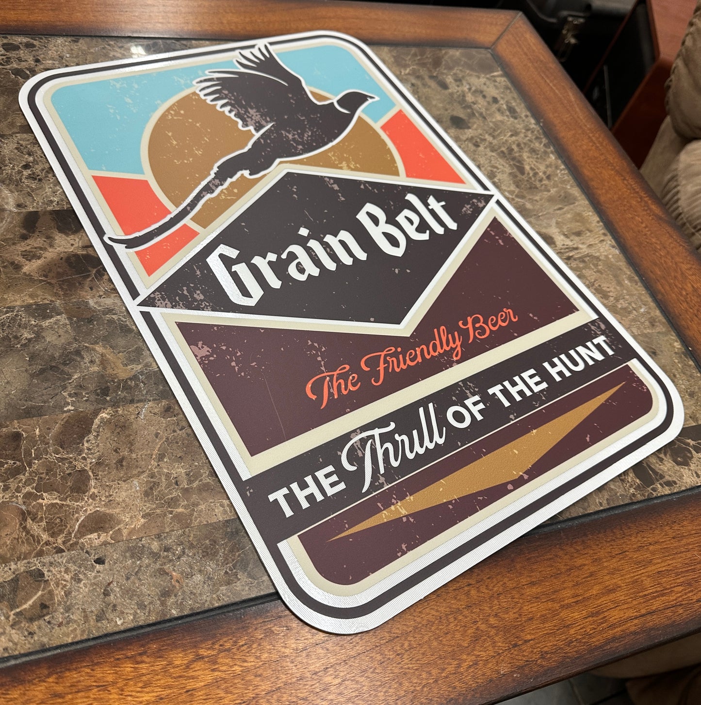 Vintage style Grain Belt beer Pheasant “The Thrill of the Hunt” aluminum sign