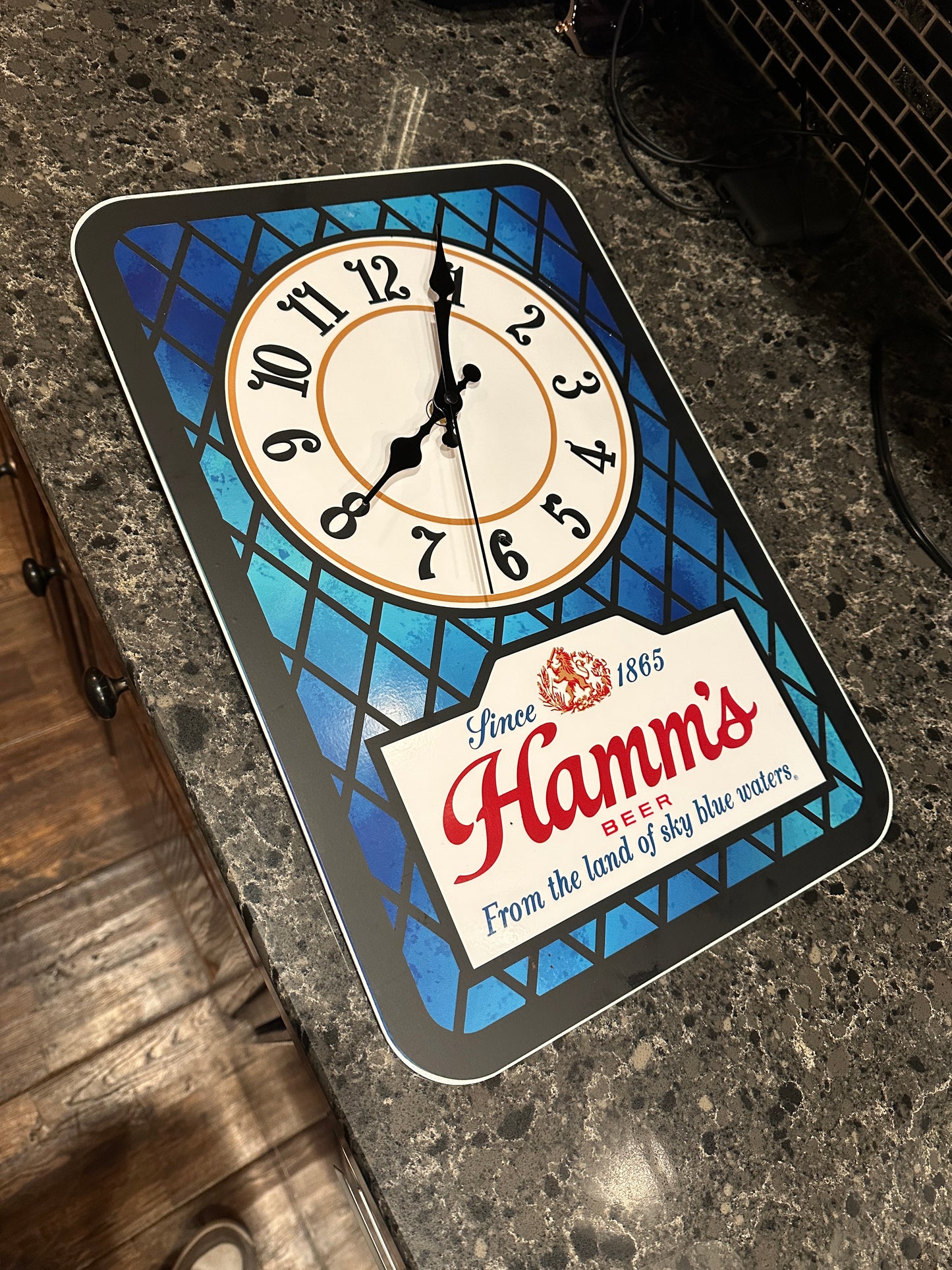Vintage Hamm's Beer stained glass style clock reproduction 12” x 18” .080 Aluminum