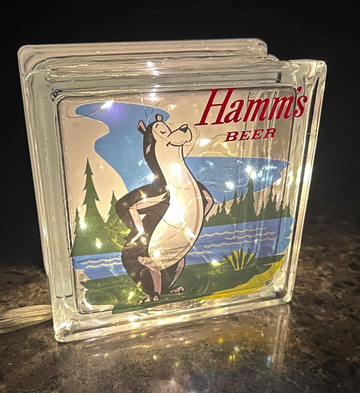 Vintage style Hamm’s Beer Mr. Bear mascot glass box replica with mini-LED lights