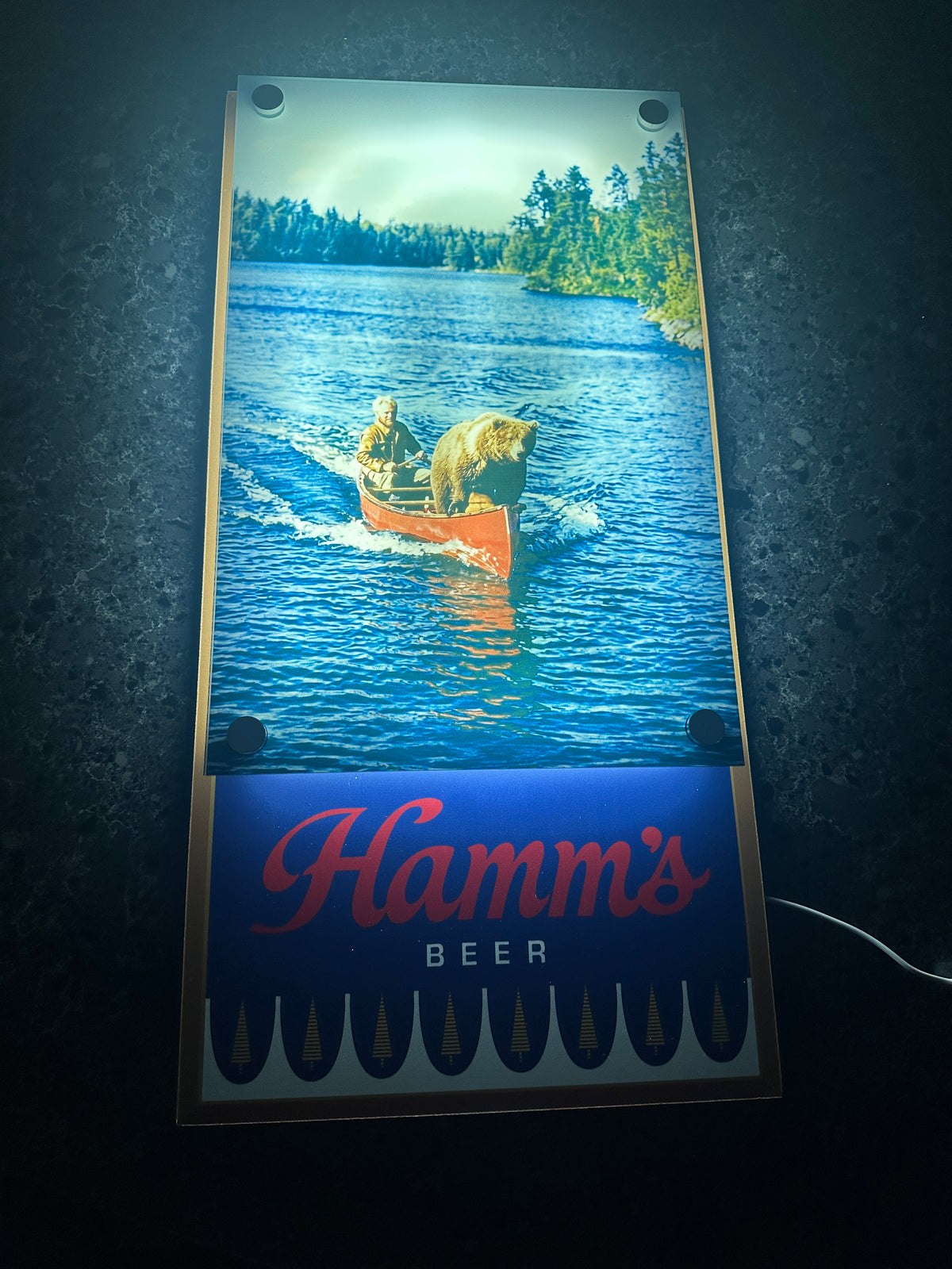 Hamm's Bear in a Canoe Backlit LED Bar Sign