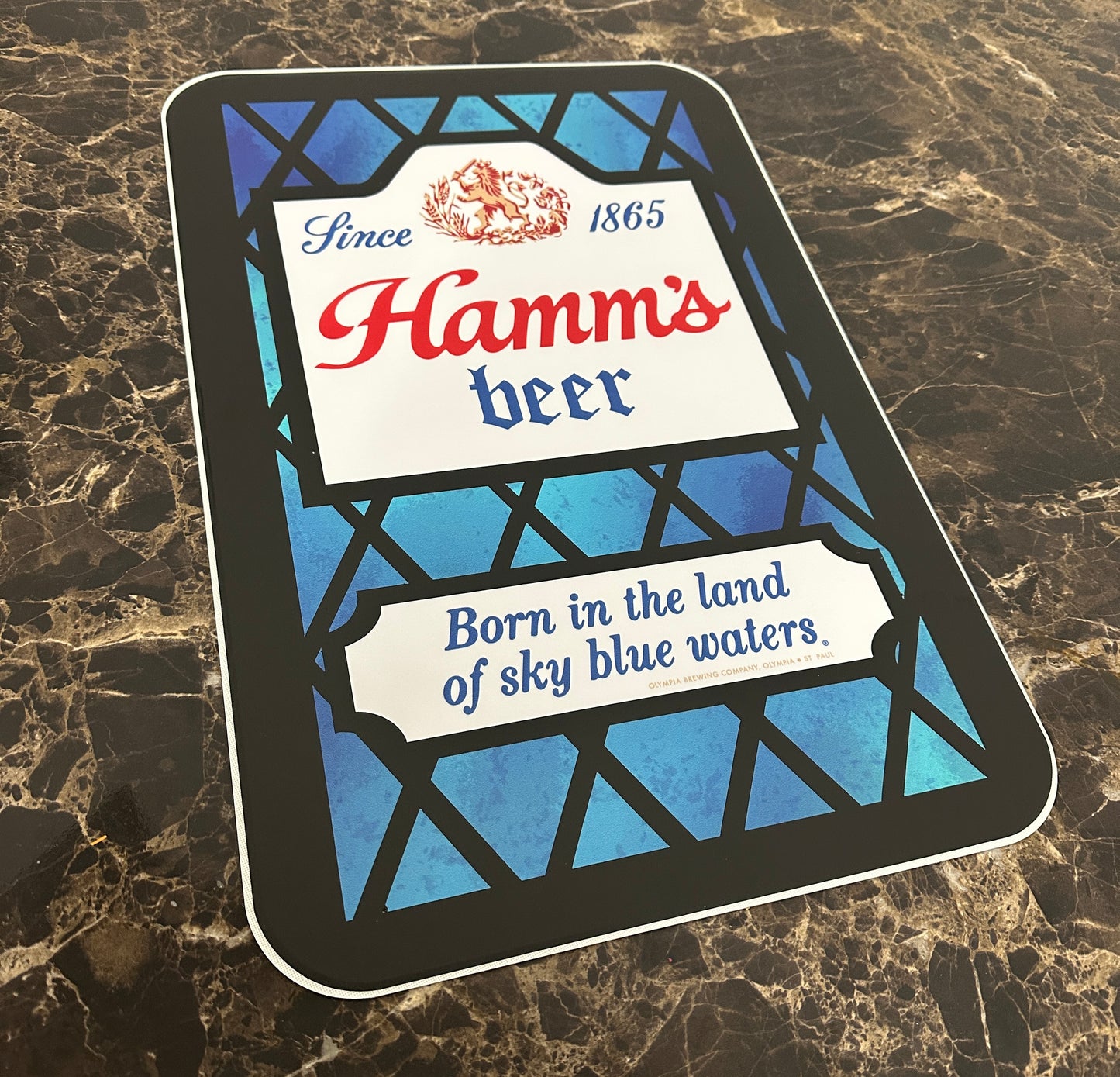 Hamm's Beer vintage aluminum sign close-up detail