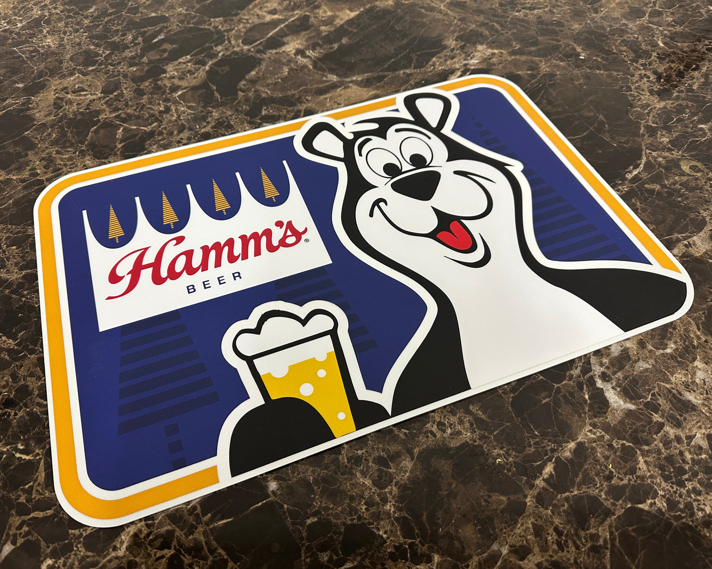 Vintage style Hamm’s Beer Mr. Bear mascot aluminum sign