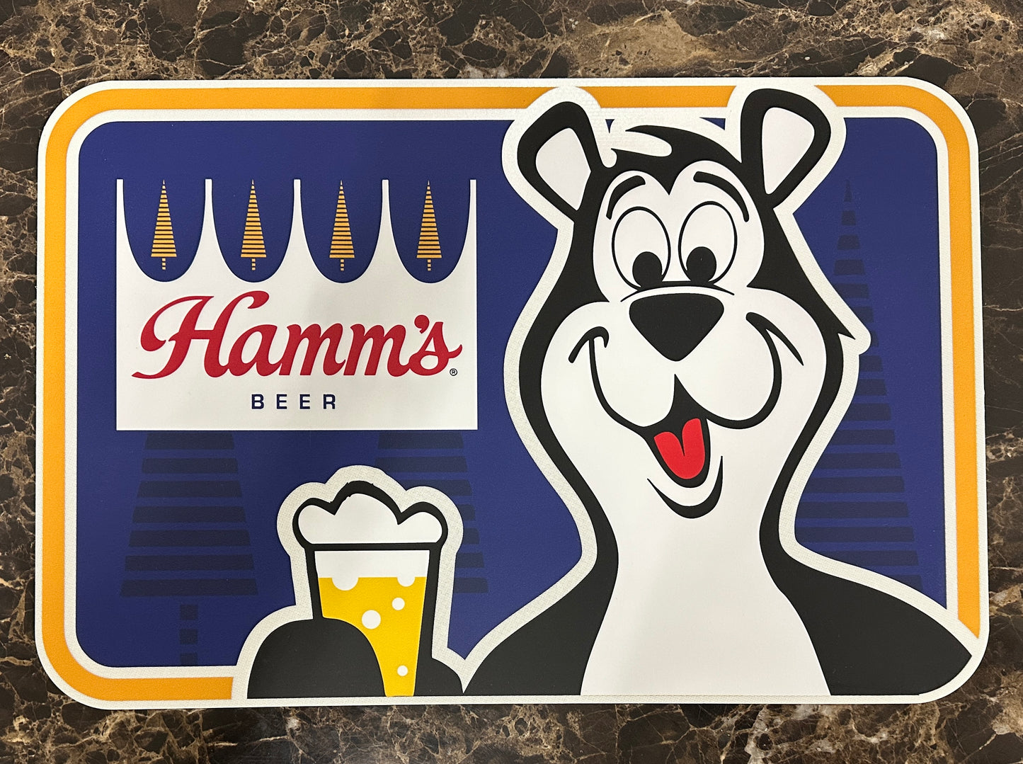 Vintage style Hamm’s Beer Mr. Bear mascot aluminum sign