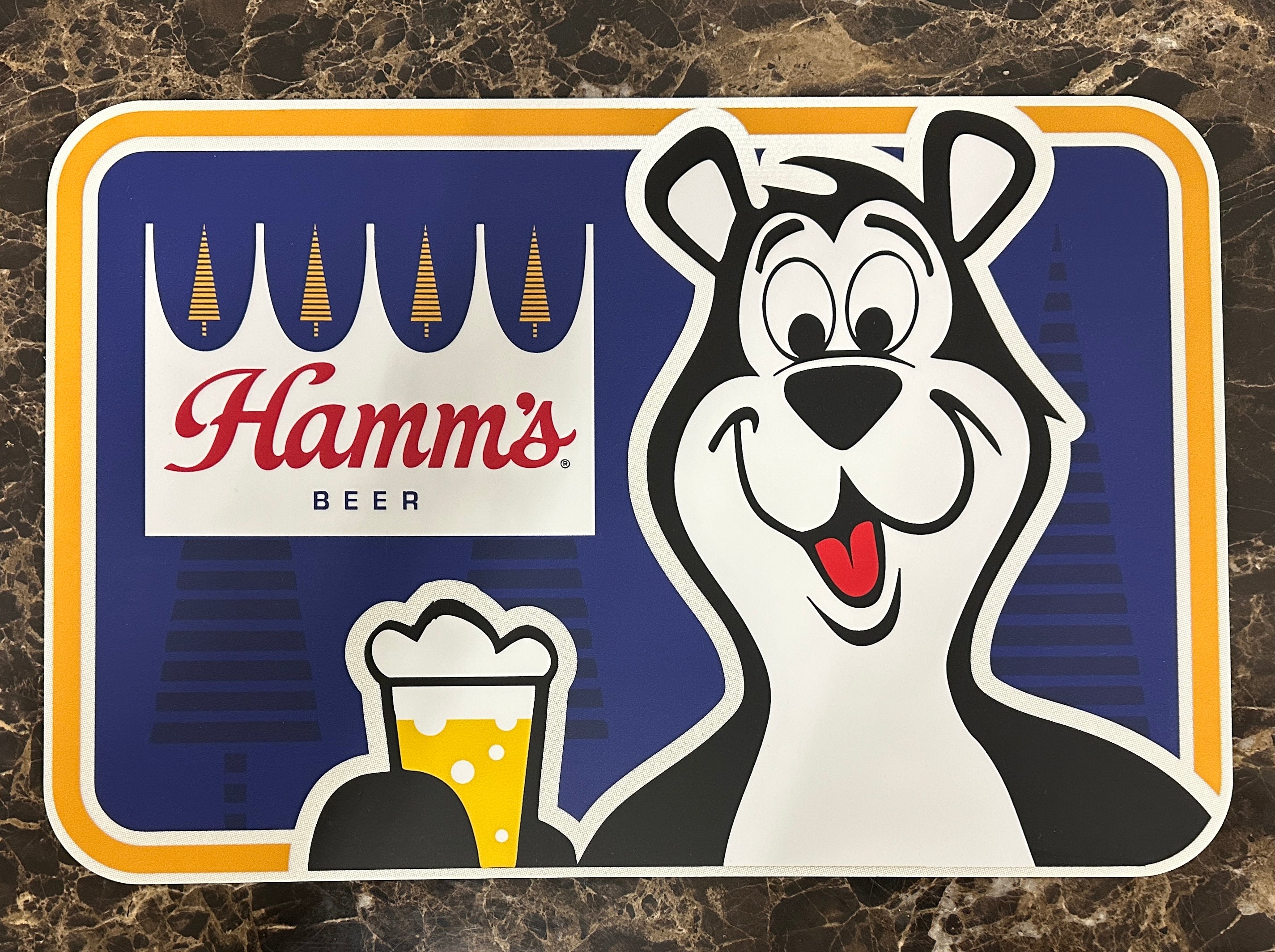 Hamm's Beer Mr. Bear mascot vintage aluminum sign 12x18