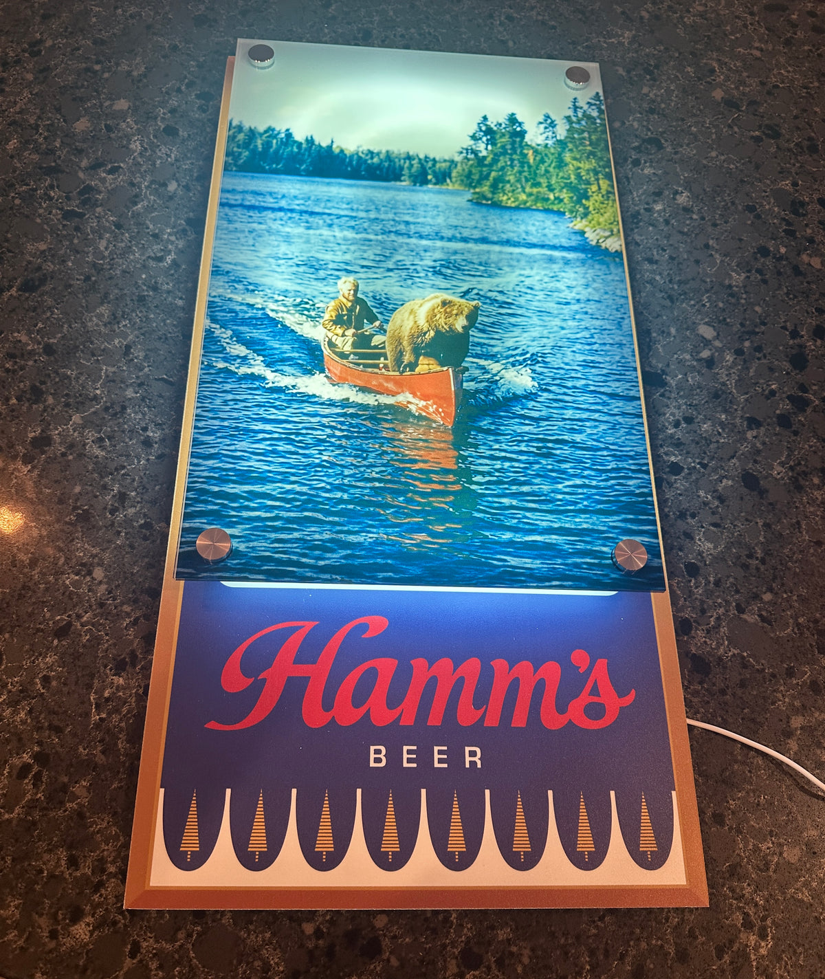Hamm's Bear in a Canoe Backlit LED Bar Sign