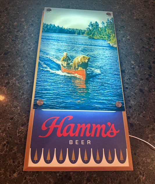 Hamm's Bear in a Canoe Backlit LED Bar Sign