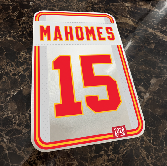 Patrick Mahomes #15 Kansas City Chiefs custom jersey number sign, 12x18 reflective aluminum