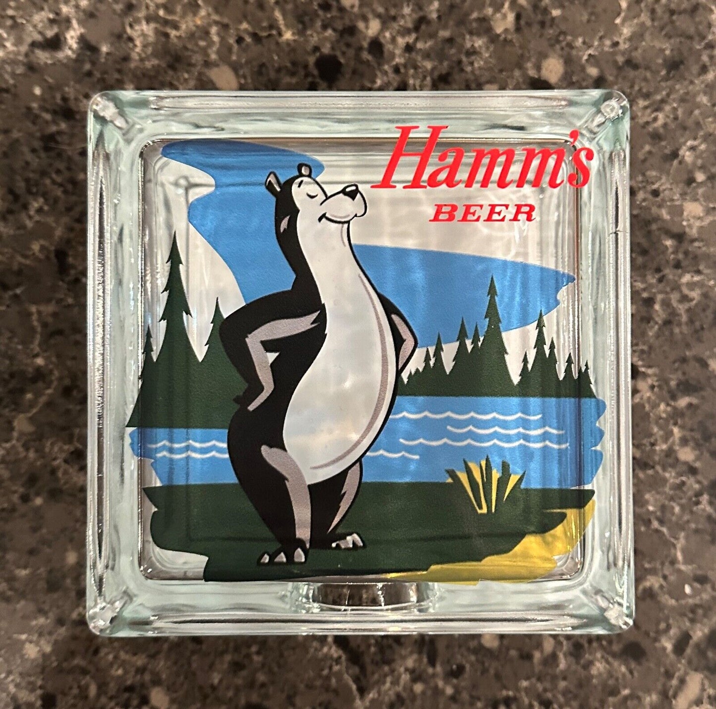 Vintage style Hamm’s Beer Mr. Bear mascot glass box replica with mini-LED lights