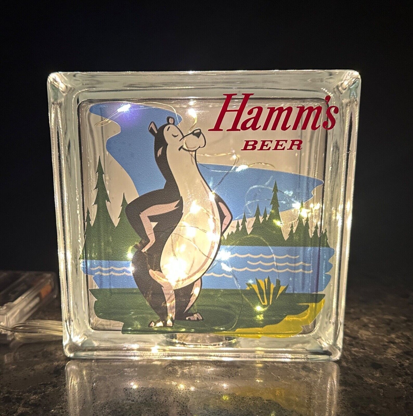 Vintage style Hamm’s Beer Mr. Bear mascot glass box replica with mini-LED lights