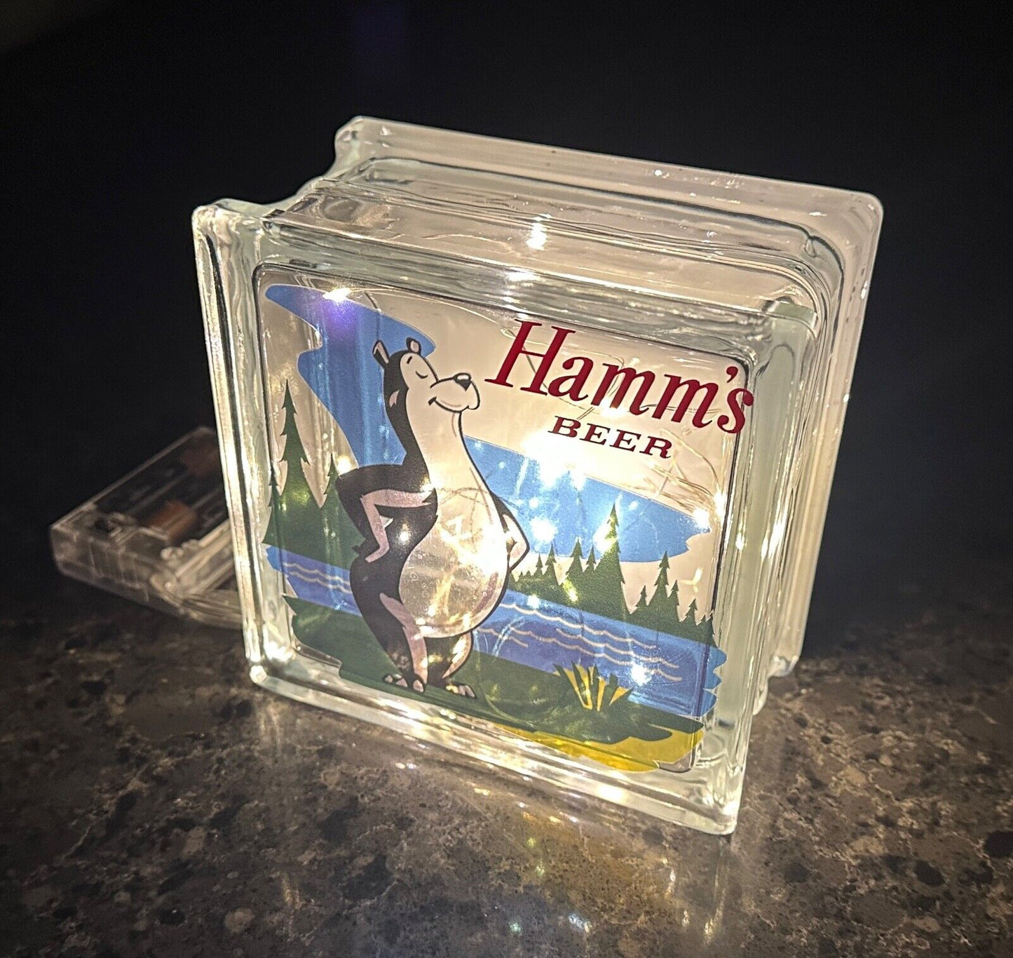 Vintage style Hamm’s Beer Mr. Bear mascot glass box replica with mini-LED lights